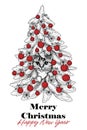 Vector illustration of a tabby cat sitting in a Christmas tree